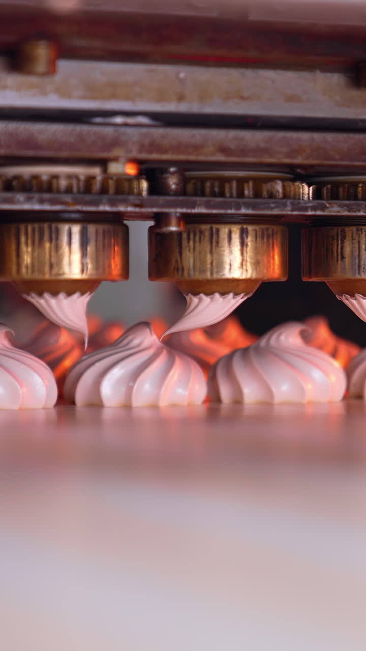 Food sweety conveyor line. Industrial tasty marshmallow conveyor. Vertical video