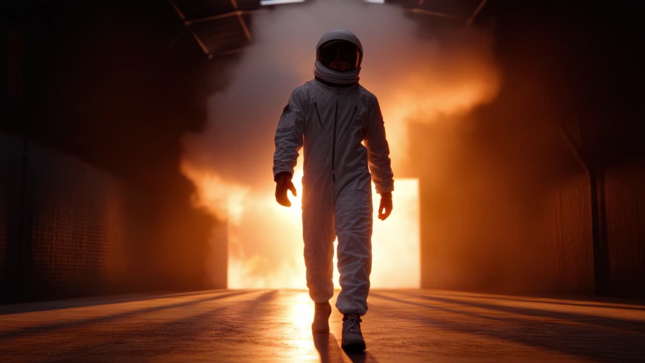Un astronauta emerge da uno sfondo infuocato, mettendo in mostra l'intersezione dell'esplorazione umana e la bellezza enigmatica delle avventure cosmiche in un'ambientazione drammatica.