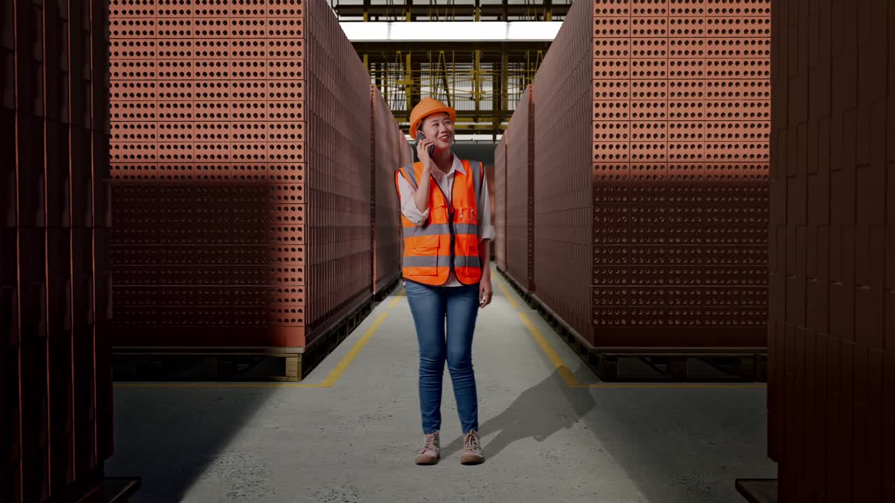 Full Body Of Asian Female Engineer With Safety Helmet Talking On Smartphone While Standing With Red Brick Packed in Stacks Are Stored