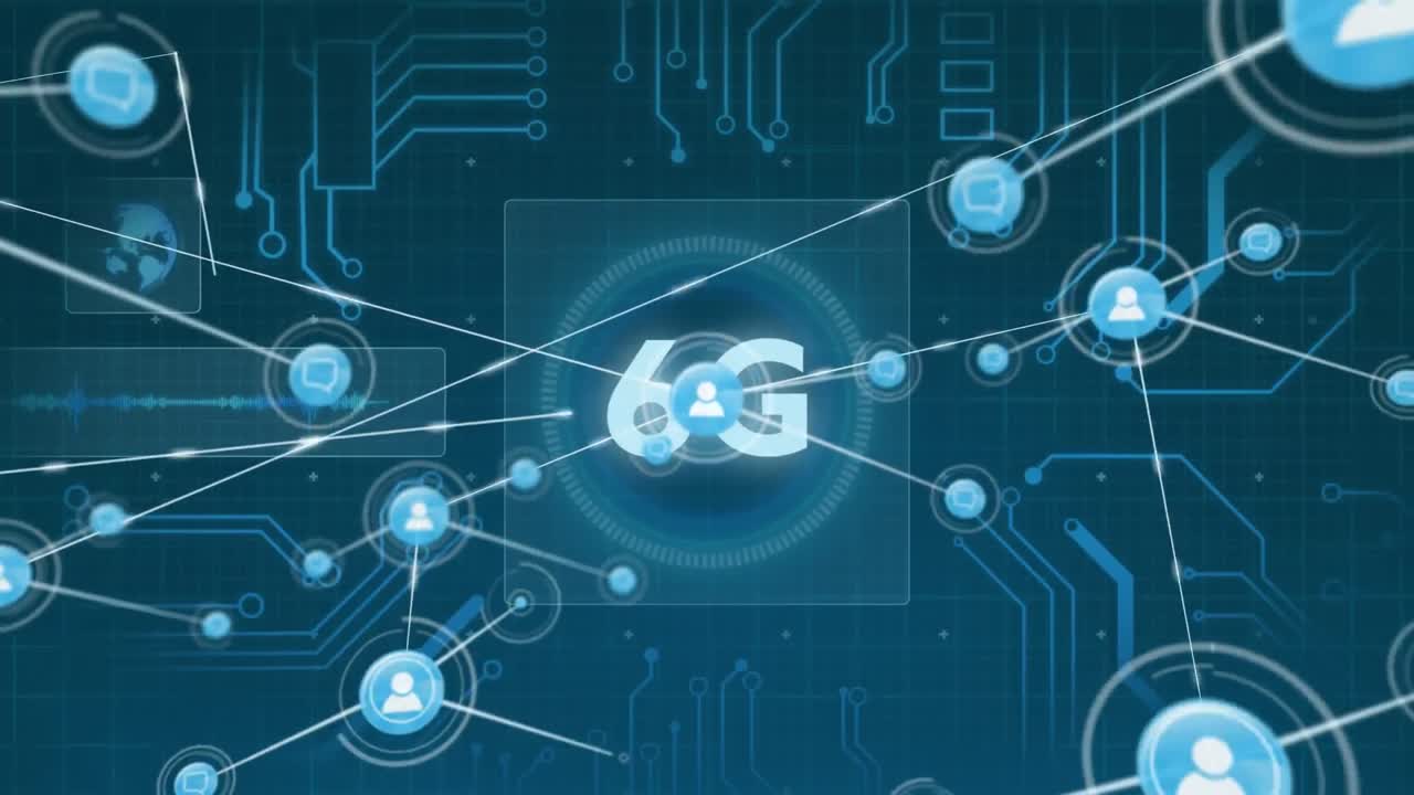Animation of 6g text with motherboard and a network of people icons moving on dark background