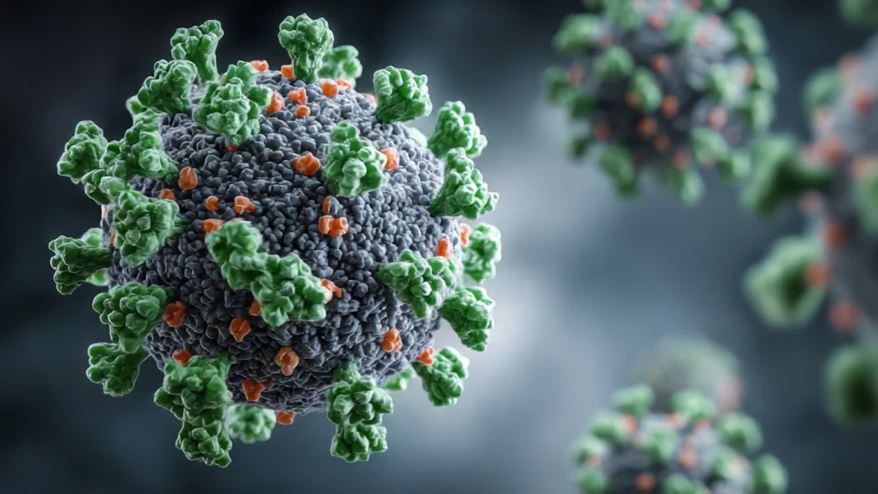 Una vista ravvicinata di particelle virali, che mostra la loro struttura complessa e le caratteristiche distintive, evidenziando proteine spike verdi e la texture superficiale.