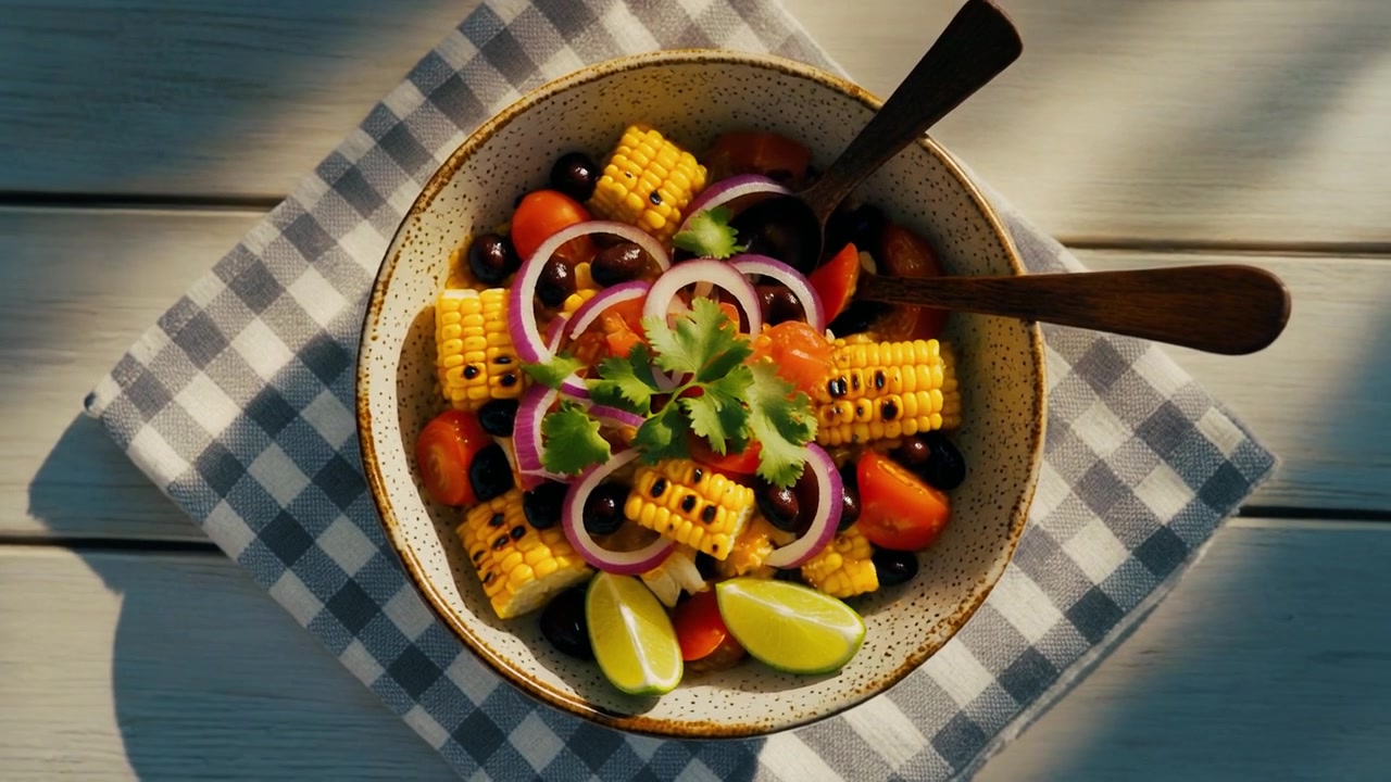 Insalata fresca di mais grigliato in una ciotola di ceramica su un tavolo