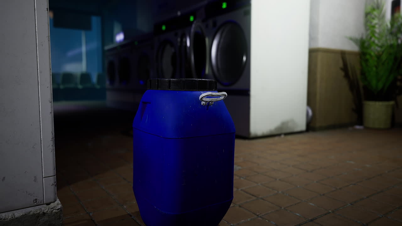 Container placed near laundry machines in a quiet laundromat