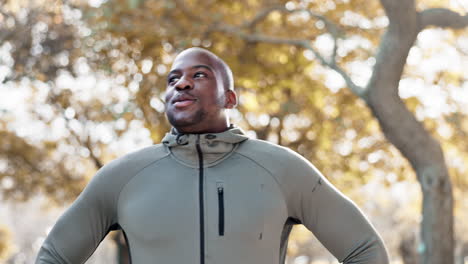 black man, breathing and nature with fitness