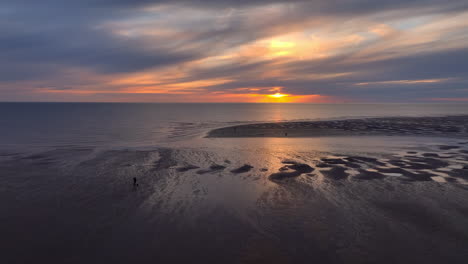 fisherman digging for worms on tidal flats with calm sea at sunset. fleetwood, lancashire, uk
