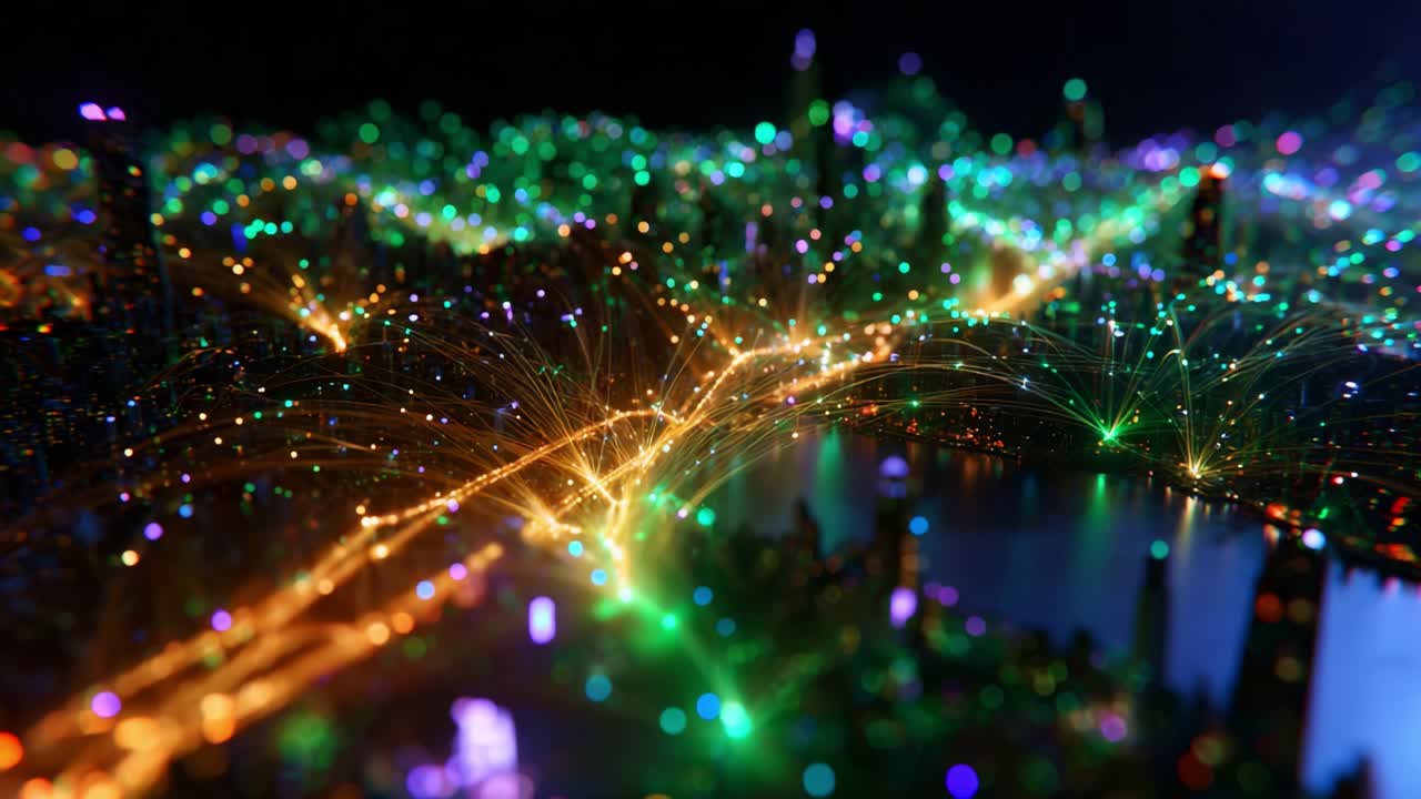 An aerial view of a vibrant digital cityscape, illuminated with colorful lights representing a network of connectivity and data flow. This stunning visual captures the energy and dynamism of modern urban life