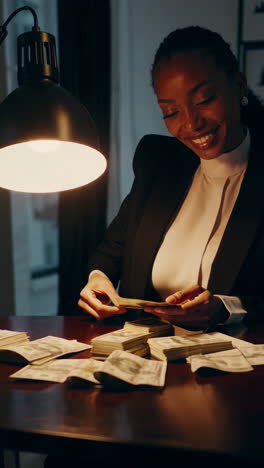 business woman counting money at night