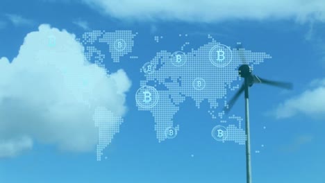 animation of falling bitcoin sings with world map over windmill