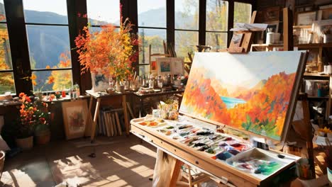 art studio with vibrant autumn landscape in peaceful mountain setting