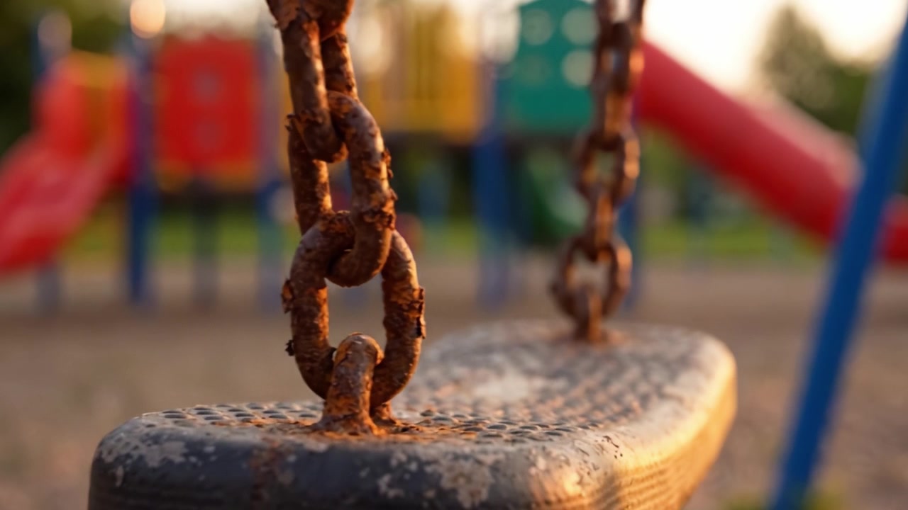 An Abandoned Swing Set Under Sunlight: A Nostalgic View of Childhood Playgrounds with Rusty Chains and Colorful Slides in the Background
