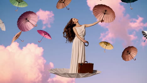 a woman floats on an umbrella in a dreamlike sky filled with other umbrellas and pink clouds