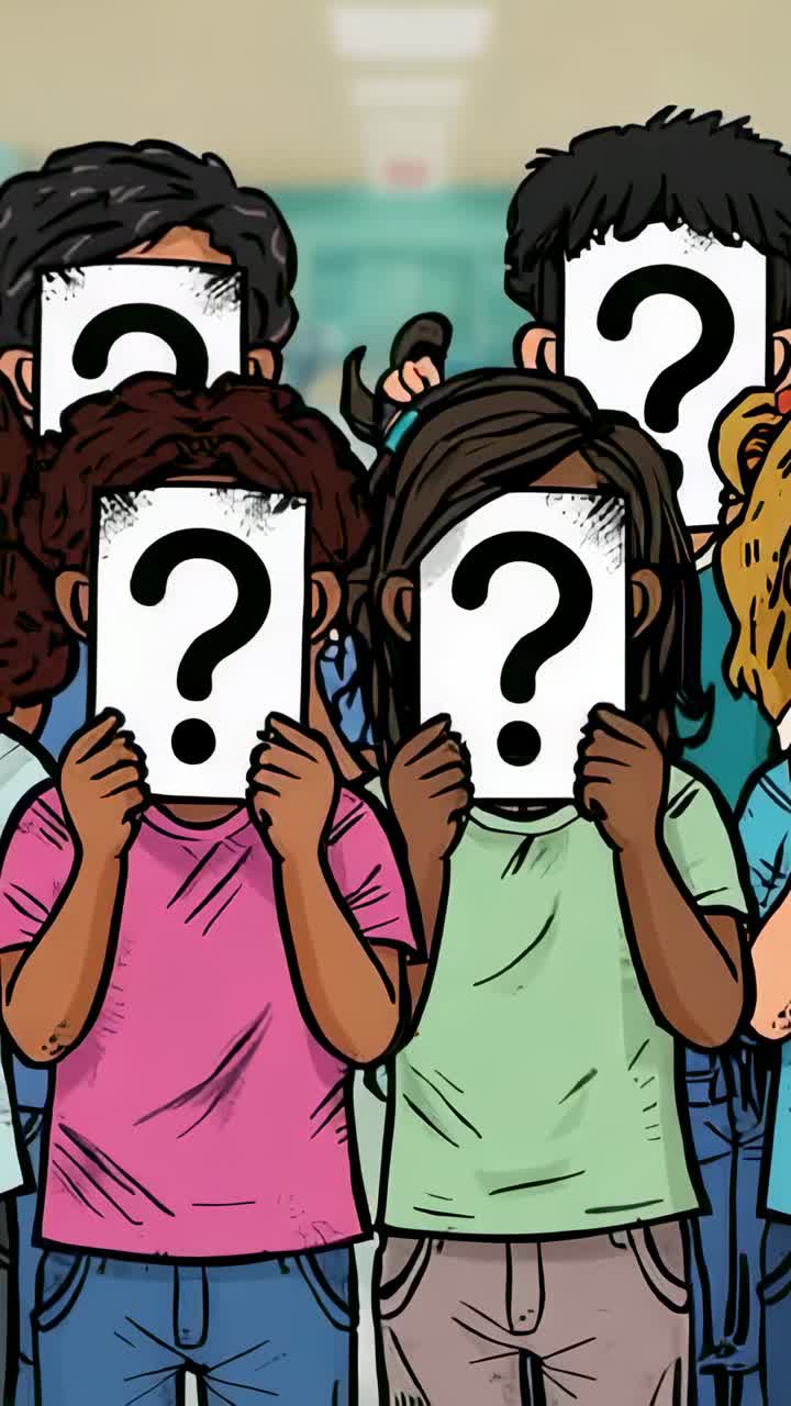 Video verticale: zoom indietro della telecamera che rivela studenti che tengono fogli con punti interrogativi nell'atrio della scuola