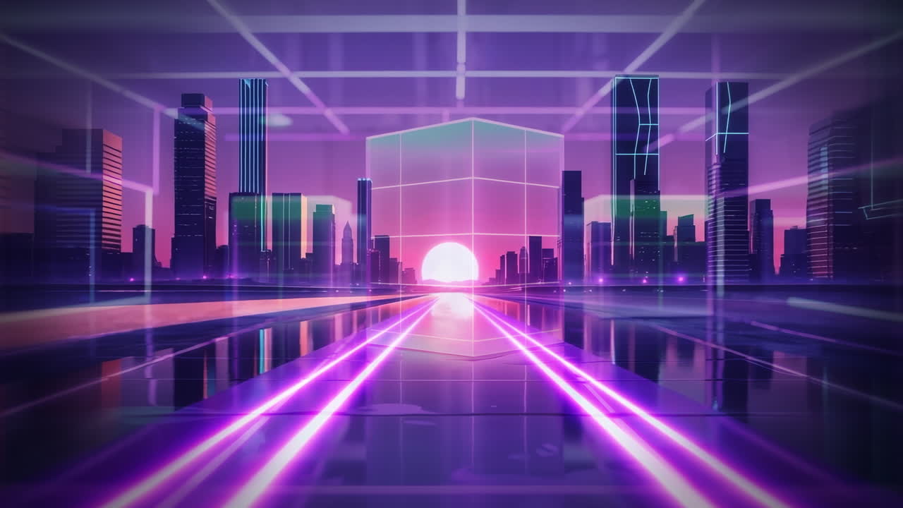 Città Synthwave retro-futuristica al tramonto