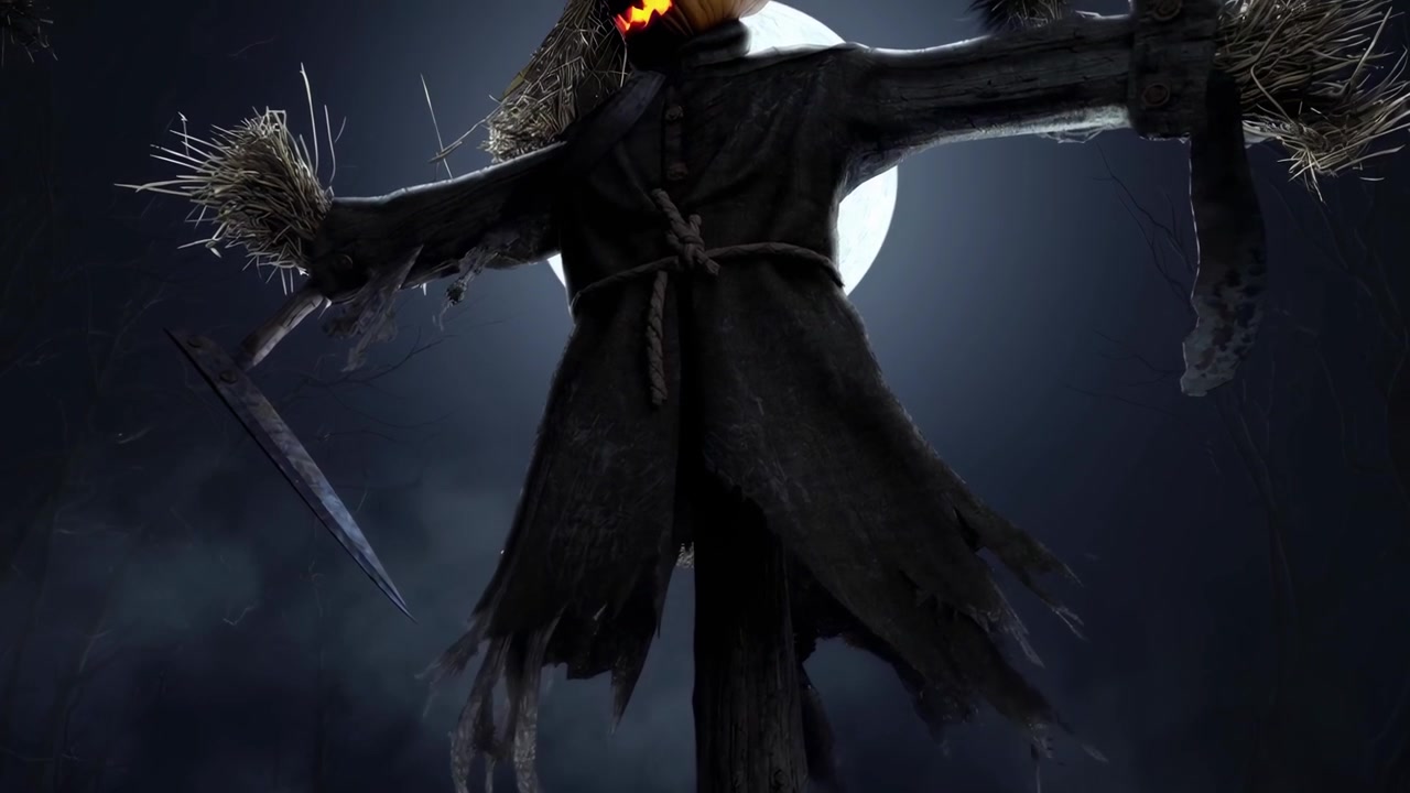 Scary Halloween Scarecrow with Pumpkin Head in Stormy Night