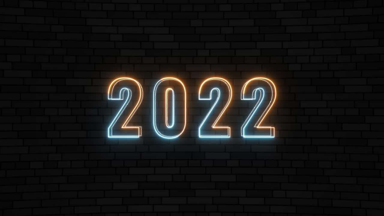'2022' animación de línea delgada de neón naranja y azul en una pared de ladrillo oscuro. texto animado de bucle sin costuras simple. gráfico de movimiento de tipografía 4k