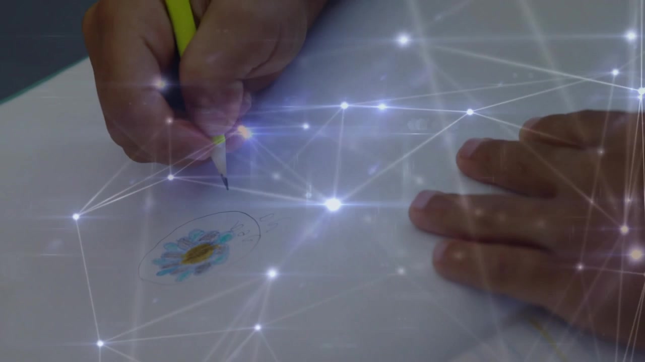 After touching paper yellow pencil tracing circle around emblem while network overlay pulsing