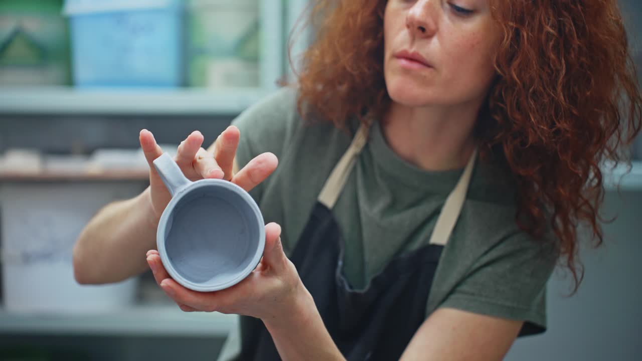 Woman Examining a Ceramic Cup in a Pottery Studio