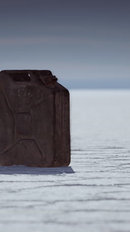 a rusty jerrycan sits alone on a white salt flat