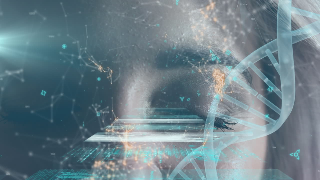 Animation of diverse data on screens and connections over dna chain and caucasian woman