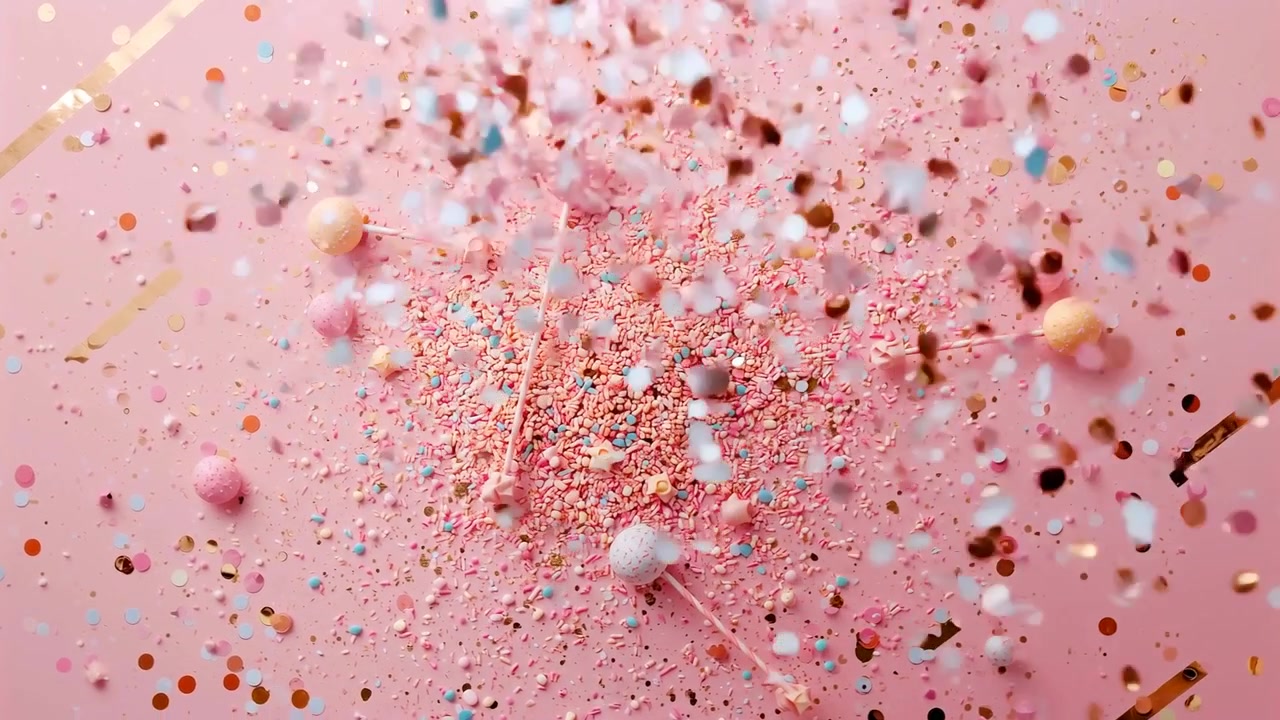 Sprengende sentral haug med strøssel som sender konfetti oppover på rosa bakgrunn, med pastellfargede godteristenger.
