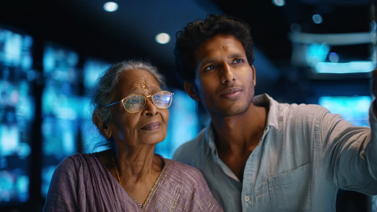 A Heartwarming Scene of Connection: A Young Man and an Elderly Woman Engage in an Inspiring Moment of Discovery Within a Modern Technology Environment, Surrounded by Screens and Digital Displays