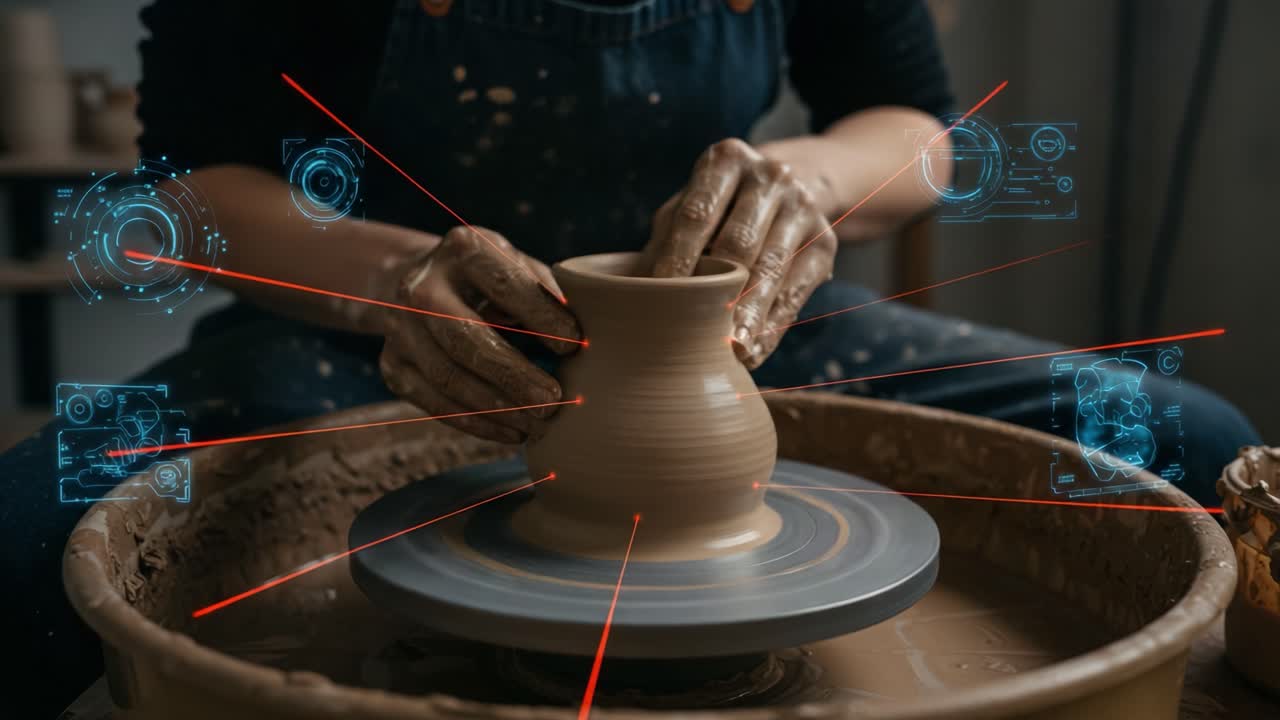 Artisan Craftsmanship in Action: Creating a Beautiful Pottery Piece on the Wheel with Digital Overlays Highlighting Techniques and Processes