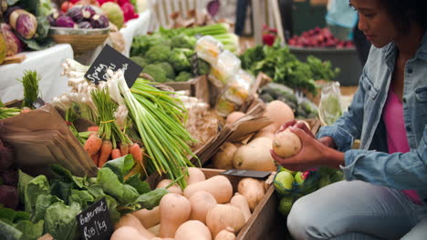 young woman buying vegetables at a food market stall