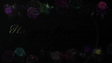 Animation-of-glowing-gold-happy-new-year-text-with-multi-colored-fireworks-over-black-background