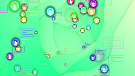 social media interaction animation over green abstract background with user icons and chat bubbles