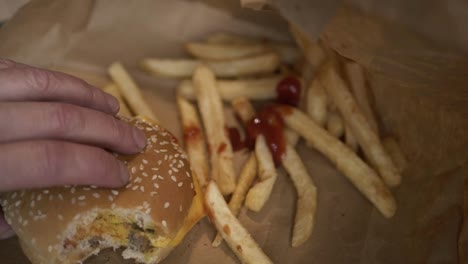 hand picking up cheeseburger with fries medium shot