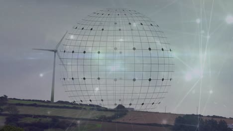 animación de conexiones y globo sobre el paisaje con turbina eólica