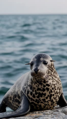 spotted seal on rocks by the ocean