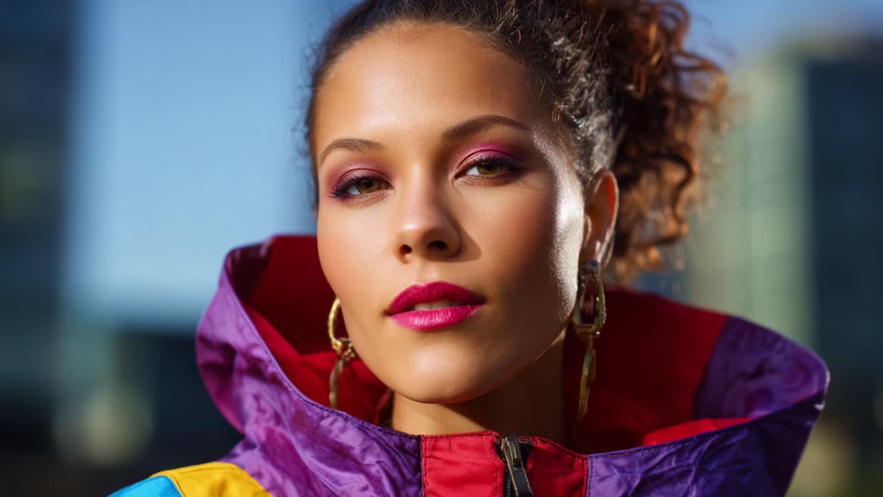 A vibrant young woman exuding confidence and style in a colorful hooded jacket, showcasing a striking look with bold makeup and soft lighting against a city backdrop