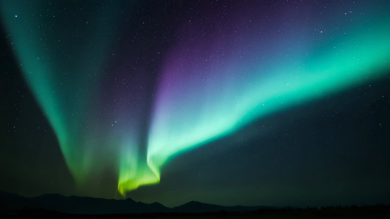 Faint green aurora borealis emerging above ridge under star-filled sky, undulating upward, pulsing