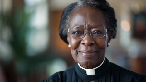 seasoned african american female pastor confidently standing in church, radiating wisdom and spiritual leadership through warm, serene smile while making direct eye contact
