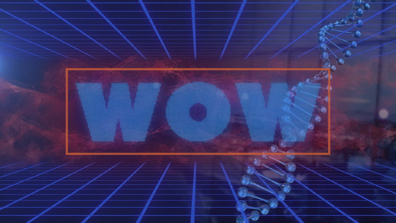 배경에 dna 구조와 그리드 패터가 있는 와우 텍스트의 애니메이션