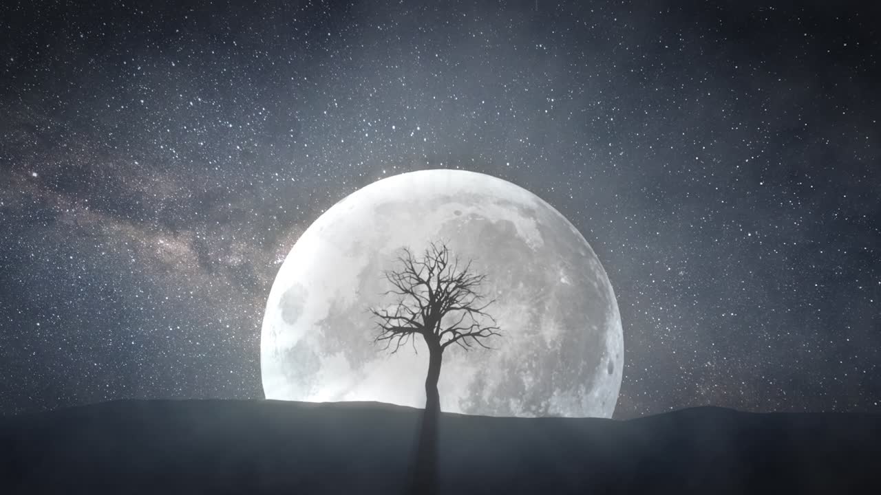 Lonely Tree Under a Full Moon