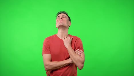 man worried about something. with a red shirt.