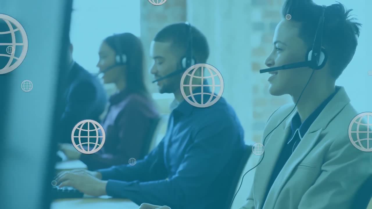 Animation of online globe icons over diverse business people wearing phone headsets
