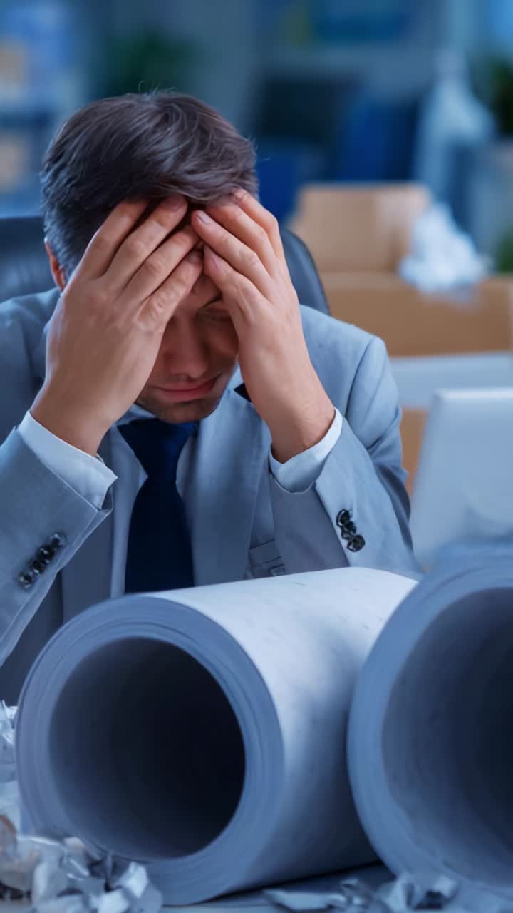 Un professionista assediato lotta con oppressione e frustrazione sul lavoro, circondato da documenti disordinati e fogli accartocciati in un ambiente d'ufficio caotico