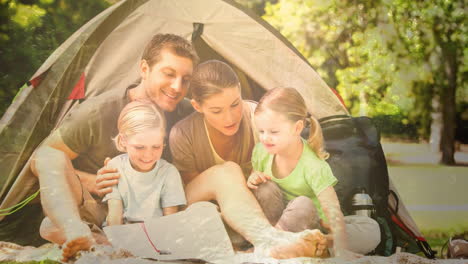 family camping in tent, reading book together, animation of sunlight filtering through trees