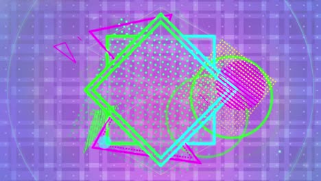 Animation-of-glowing-neon-geometric-figures-on-purple-pattern