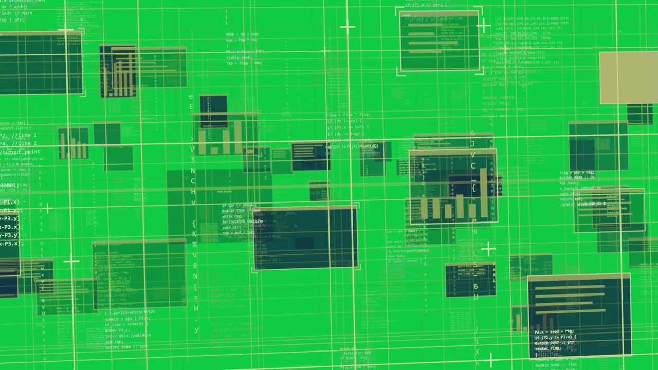 Play starting, data grid scanning across transparent plane, blue panels shifting, showing data