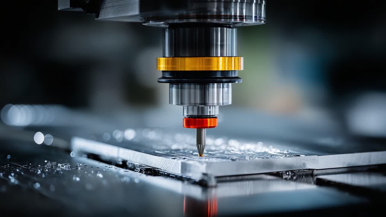 Produzione di precisione: Primo piano di una macchina fresatrice CNC che taglia una lamiera metallica con alta precisione in un processo di ingegneria avanzata.