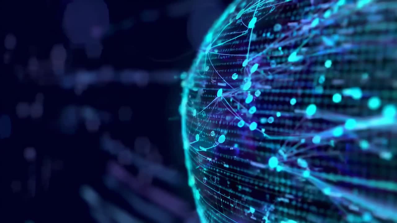 Dynamic video concept of a digital globe with network lines, captured from a side angle