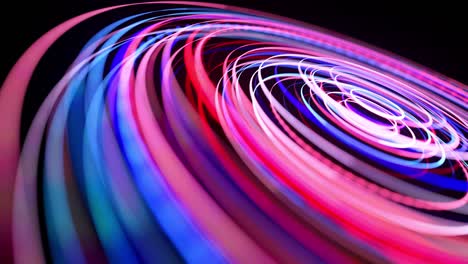 flujo de luz en la estructura de anillo, bg en 4k. fondo en bucle abstracto con senderos de luz, flujo de líneas de neón rojo azul en anillos de forma espacial. fondo de diseño de movimiento moderno de moda. efecto de luz,