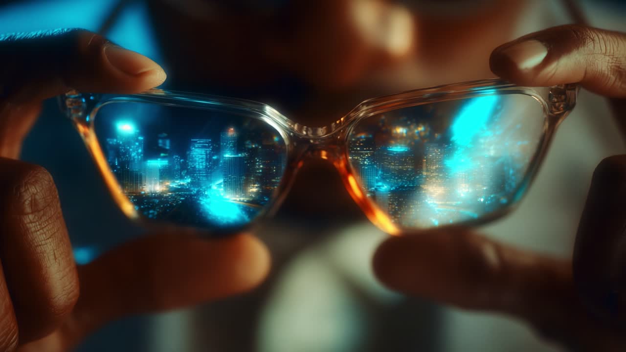A Close-Up View of Stylish Glasses Reflecting a Vibrant Cityscape at Night, Capturing the Stunning Urban Lights and Skyscrapers through a Unique Lens of Perception