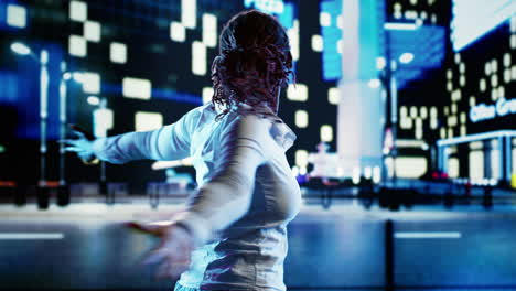 woman dancing around city boulevards