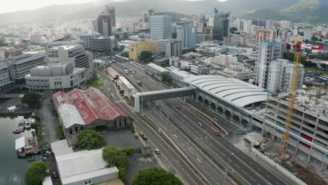 Aerial-birds-eye-shot-of-Victoria-Urban-Terminal-in-Port-Louis-City,-Mauritius