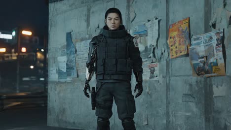 cyborg operative in a cyberpunk urban setting